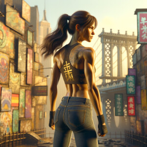 Athletic Thin skinny Attractive, Asian teenage girl, long brown hair and bangs, wearing tight skinny jeans and a halter top paint marks on her clothing, heroic pose Asian graffiti background,  backside view