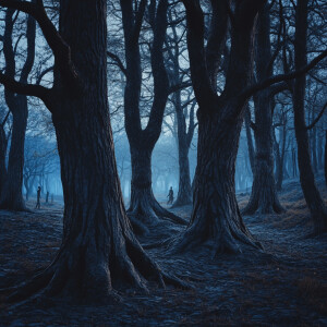 a serene forest scene at twilight, but with a twist: the trees h...