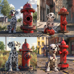 Cute CGI 3d Dalmatian sitting beside a fire hydrant