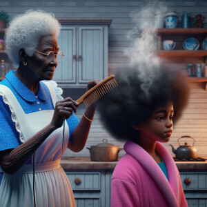 Create a realistic 3-D image of an african-American grandmother wearing a blue house dress and a white apron . She is in the kitchen with her african-American granddaughter. Her granddaughter is wearing a pink bath robe. The grandmother has a hot comb in her hand and she is straightening her granddaughters hair. One side of her granddaughters hair is in  a Afro the other straight 
There is smoke coming from the hot comb
The granddaughter is making a face as if to say grandma that hurt