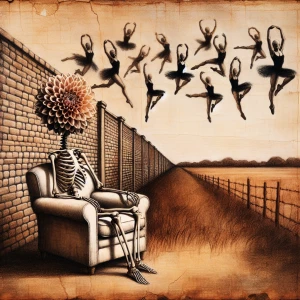 A skeleton with a large black dahlia for a head is sitting on an...