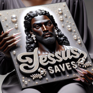 A 3D realistic artwork featuring the phrase 'Jesus Saves' adorne...