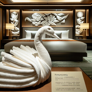 towel art, a luxury hotel room , towels are folded cleverly to s...