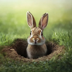 create an image of a rabbit coming out of a hole in a grassy fie...