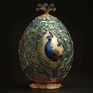 Create an image of an exquisitely crafted Faberge egg, featuring...