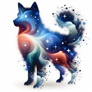 A white background, a graphic of an outer space celestial animal...