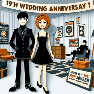 ‘Happy 19th Anniversary!’ Written
A 60s mod vibe with a tan male...