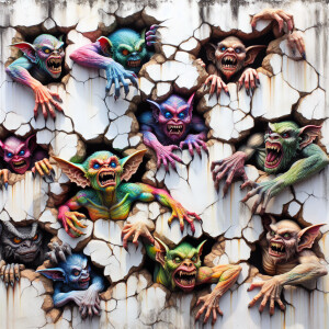 A detailed depiction of a weathered, cracked white wall with an...