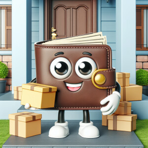 A cute and friendly cartoon wallet character with big, expressiv...