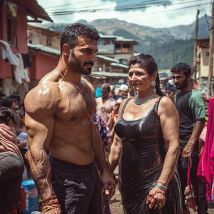 a muscular, sweaty criminal man  greeting guests alongside his...