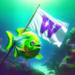 Cute Purple neon green piranha
Holding white flag with a big pur...