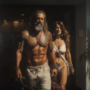 Hyperrealistic oil painting ,a australian muscular beefy bearded...