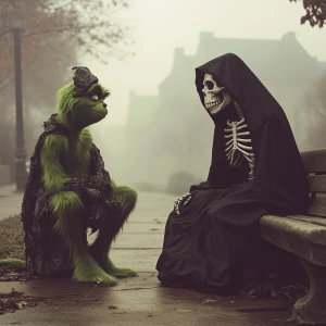 A realistic photo of a Grinch sitting on a concrete bench next t...