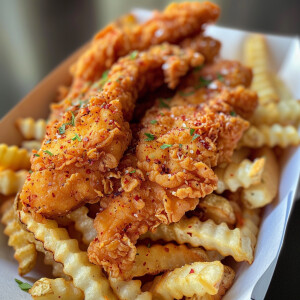 Generate an image of six pieces of crispy fried chicken tenders...