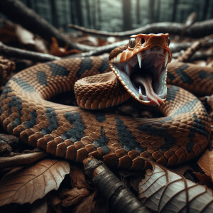 "Copperhead snake coiled defensively with mouth agape and fangs...