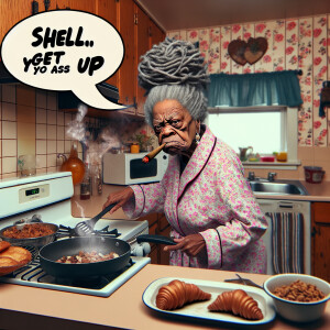 An eccentric African American elderly woman with a grumpy expres...