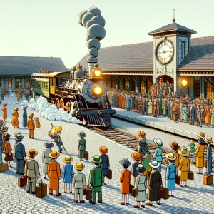 A bustling train station, where passengers in vintage suits and hats wave goodbye to a cartoon steam train pulling out of the station. The scene includes animated smoke puffs, an old-fashioned clock tower, and detailed, hand-drawn cobblestones.