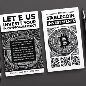 This is a black and white tent card advertisement. It says "Let us invest Your Money in Cryptocurrency" "Stablecoin Investments" the image in the backround is a heavy black line drawing behjnd the text of a Bopitcoin. The image is black ink on white paper for effectinly printing in blakc and white and conserving ink. It also has a square for a qr code