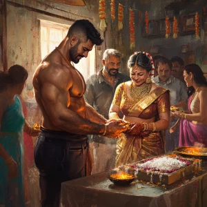 Digital art HD,A muscular, sweaty man joyously celebrates Diwali...