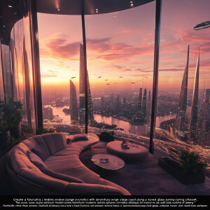 "Create a futuristic lounge with large, curved glass windows ove...