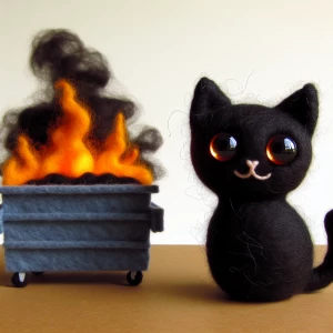 Felted black cat with large eyes. Cute with felted background of...