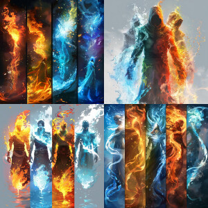 Fuse 5 characters into 1. Elements fire, water, aether, air and...