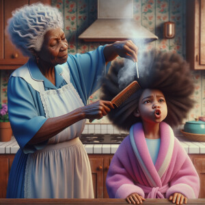 Create a realistic 3-D image of an african-American grandmother wearing a blue house dress and a white apron . She is in the kitchen with her african-American granddaughter. Her granddaughter is wearing a pink bath robe. The grandmother has a hot comb in her hand and she is straightening her granddaughters hair. One side of her granddaughters hair is in  a Afro the other straight 
There is smoke coming from the hot comb
The granddaughter is making a face