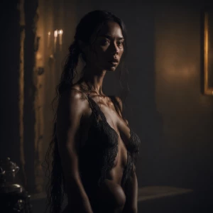 Prompt for the image: Brenda stands in the softly lit bedroom, h...