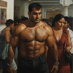 realism style art,a muscular sweaty beefy man walking  with his...