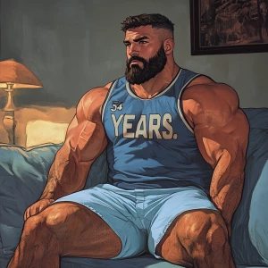 A muscular man is lounging on a couch, wearing a sleeveless jers...