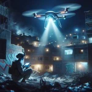 A drone illuminating a graffiti-covered urban battlefield at nig...