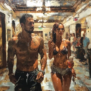 Sharp painting minor strokes .A sweaty  man walking with his 54...