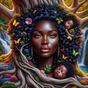 Create a close-up, hyper-realistic 3-D oil painting of a tree wi...