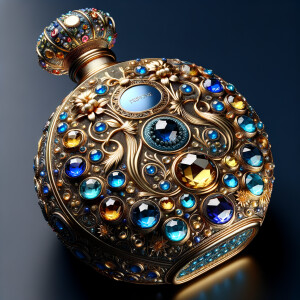 Create a 3-D realistic gold and  blue, colorful jewels perfume bottle
In the shape of a women’s body with the name Karen