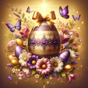 A luxurious and ornate Easter-themed image featuring a large cen...