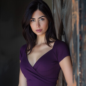 Photo of fair skinned hourglass figure woman with dark straight...