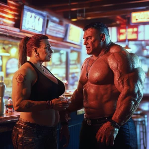 a muscular sweaty beefy man standing and  talking to his middle...