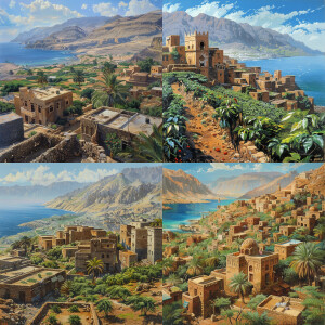 Yemeni architecture, village with coffe farms around mountains a...