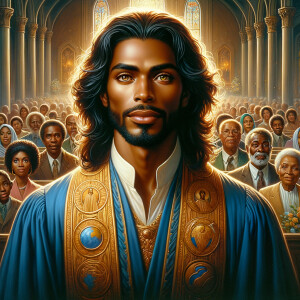 Illustrate an inspiring African-American Jesus crust with a dign...