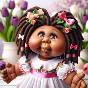 African-American cabbage patch doll with huge dimples,
Her hair...