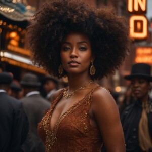 A curvy Afro-Latina woman stands on a bustling Harlem street, he...