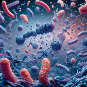 "Under the microscope, a microscopic battlefield unfolds, teemin...