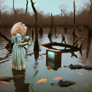 a girl in close proximity to three alligators in a Louisiana swa...