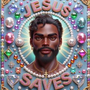 A 3D realistic artwork featuring the phrase 'Jesus Saves' adorne...