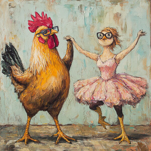 Two rooosters, one a bit fat pecks grains and wear glasses and a...