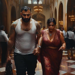 Photorealism,realism.A sweaty beefy man walking with his 54 year...