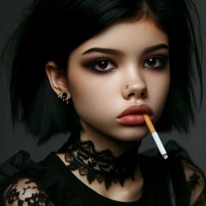Goth teen girl 
 natural  cigarette hanging out of her mouth pou...