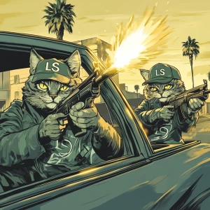 Two humanoid cats engaged in a dramatic shootout, depicted in an...