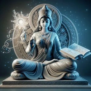 The goodness sataswati seating and in her hand she is holding th...