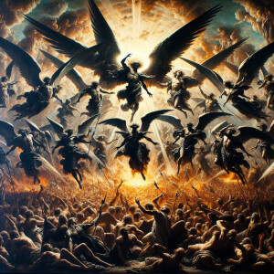 A group of powerful black archangels, with wings outstretched as...